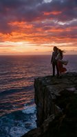 Woman standing on rocky cliff overlooking ocean at sunset with dramatic orange and purple sky, flowing fabric in wind, contemplative mood for travel and lifestyle content.