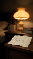 Crumpled note with word Sorry on wooden bedside table, warm lamp glow in dark bedroom, emotional apology and relationship concept.