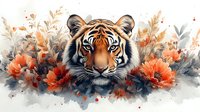 Majestic tiger head emerging from orange and gray watercolor floral arrangement with delicate leaves and blooms, artistic wildlife illustration on white background.