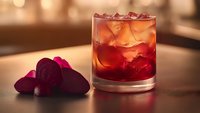Refreshing amber cocktail with ice cubes in glass tumbler beside purple orchid flowers on wooden bar counter in warm atmospheric lighting for beverage service.