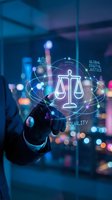Digital justice concept with glowing scales hologram and network connections in modern office environment for legal technology applications.