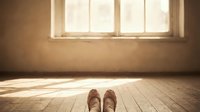 Empty room with wooden floor and window casting warm sunlight shadows, brown leather shoes placed on hardwood flooring for interior design concepts.