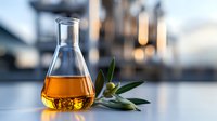 Olive oil in scientific glass flask with fresh olive branch on blurred background, natural light and bokeh effect. For food industry and research.