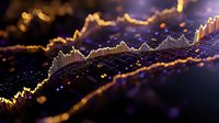 Financial data visualization with glowing golden graph lines on dark background showing market trends and analysis in purple and gold tones.