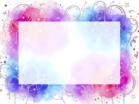 Colorful watercolor frame with pink purple blue gradient splashes and decorative swirls creating elegant border for text or design projects.