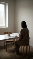 Woman in beige sweater sitting at minimalist white desk by window in modern home office space with natural lighting and wooden chair.