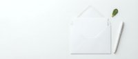 Minimalist white stationery mockup with blank paper, envelope and pencil on clean background for branding and design projects.