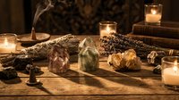 Mystical altar setup with crystals, dried herbs, candles and old books creating atmospheric spiritual workspace for meditation and ritual practices.