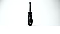 Black handled screwdriver with Phillips head tip isolated on white background for tool and hardware projects.