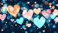 Romantic hearts in pastel pink, peach, and turquoise colors floating on dark background with glowing bokeh effect, creating magical love atmosphere.