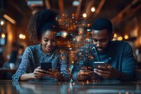 Young African American couple using smartphones with digital network visualization floating between them, sitting at dark restaurant with bokeh lights.