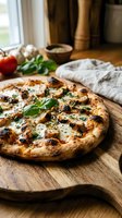 Freshly baked pizza with melted cheese, mushrooms, and basil on wooden board in rustic kitchen setting with ingredients and linen napkin nearby.