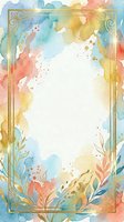 Watercolor frame with gold ornamental border, pastel splashes in blue, coral, yellow, and green tones, botanical leaf elements, isolated on white background, ready for invitations, greeting cards, posters, and design projects.