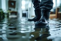 Person wearing black rubber boots standing in flood water inside home, dramatic low angle view showing water damage and emergency situation.
