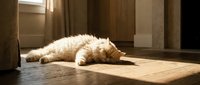 Orange tabby cat sleeping peacefully on wooden floor in warm sunlight streaming through window creating cozy domestic scene for pet care content.