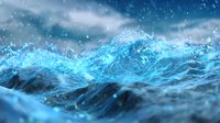 Dynamic ocean wave with glowing blue water splashing against dramatic sky, creating powerful movement and energy in natural seascape.