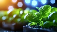 Fresh basil microgreens growing in soil with water droplets and bokeh lights in background, macro photography showing vibrant green leaves and natural growth.