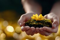 Hands gently holding soil with blooming yellow flower symbolizing growth, care and environmental protection with warm bokeh background.