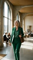 Confident mature Caucasian businesswoman in green suit walking through modern office building with natural light from arched windows for corporate success concepts.