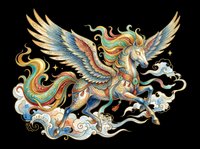 Ornate winged horse with colorful flowing mane and decorative patterns, isolated on transparent background, ready for t-shirts, stickers, and print on demand.