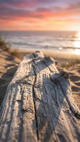 Weathered driftwood log on sandy beach at sunset with golden hour light, ocean waves and colorful sky in soft focus background for travel and nature designs.