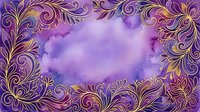 Ornate gold and purple floral frame with swirling decorative borders surrounding a soft watercolor center, suitable for invitations, backgrounds, and design projects.