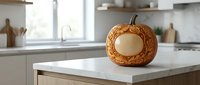 Decorative carved pumpkin with intricate leaf pattern sits on white marble kitchen counter in modern home interior for autumn seasonal decor and fall celebrations.