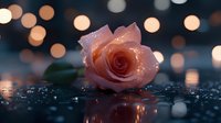 Delicate pink rose with water drops lying on reflective surface against blurred bokeh lights background, creating romantic and dreamy atmosphere.
