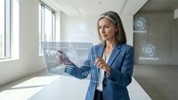Professional businesswoman in blue suit analyzing holographic data charts and sustainability metrics in modern office environment for corporate presentations.