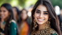 Young woman in traditional Indian attire smiling at camera, wearing ornate gold jewelry and embroidered dress during cultural celebration with blurred crowd background.