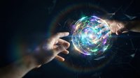 Hands holding glowing digital sphere with vibrant energy waves and light particles, representing technology, innovation, and future concepts for digital transformation projects.