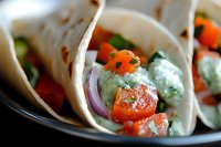 Fresh soft tortillas filled with vibrant cherry tomatoes, red onions and creamy avocado sauce create appetizing Mexican street food style tacos on dark plate.