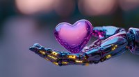 Robotic hand holding glowing purple glass heart against blurred background, combining technology and emotion in futuristic composition. Romantic sci-fi concept.
