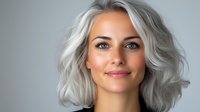 Confident mature Caucasian woman with platinum wavy bob hairstyle and natural makeup smiling against gray background, expressing positive attitude.