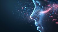 Glowing profile of digital face dissolving into particles with blue and pink bokeh lights against dark background, representing artificial intelligence and technology.