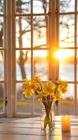 Golden daffodils in glass vase on wooden table by window with sunset glow, creating warm spring atmosphere with lit candle.
