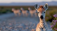 Young zebra foal standing on savanna road with herd in background during golden hour sunset light for wildlife photography and nature themes.