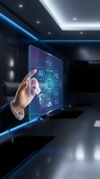 Businessman in formal attire interacting with holographic touchscreen displaying AI technology icons and digital network connections in modern office environment with blue neon lighting.