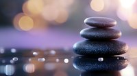 Stacked zen stones with water drops on dark background with bokeh lights creating peaceful spa atmosphere for wellness and meditation practices.