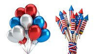 Patriotic balloons and fireworks rockets isolated on white background, ready for Fourth of July, Independence Day, and American holiday celebrations and party designs.