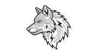Wolf head profile with detailed line art and geometric patterns isolated on white background for logo design and tattoo artwork.