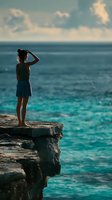 Silhouette of woman standing on cliff edge gazing at turquoise ocean horizon with dramatic clouds, evoking sense of freedom and contemplation.