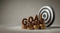 Financial goal achievement concept with golden coins stacked in ascending order leading to target bullseye for investment planning and wealth building success.