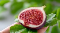 Fresh ripe fig cut in half showing red flesh and seeds, held in hand with green leaves on blurred natural background for healthy eating concepts.