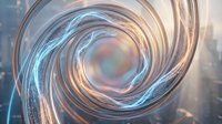 Swirling glass vortex with iridescent light refraction creating abstract spiral tunnel effect with warm and cool tones blending seamlessly.