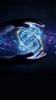 Hands protecting glowing atomic structure with digital network connections and light effects on dark blue background for technology concepts.