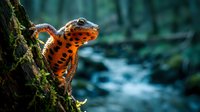 Orange spotted salamander on mossy tree trunk in natural forest habitat with blurred stream background for wildlife and nature photography projects.