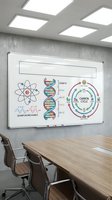 Modern classroom whiteboard displaying scientific diagrams including DNA helix, atomic structure, quantum mechanics and carbon cycle for educational presentations.