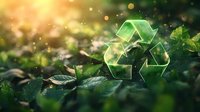 Glowing green recycling symbol on natural leaf background with bokeh lights and sunbeams, environmental conservation concept for eco-friendly initiatives.