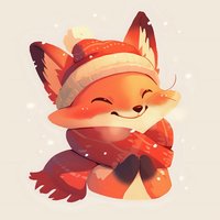 Smiling red fox wearing winter hat and scarf with snow falling, warm cozy illustration in soft orange and pink tones for seasonal greeting cards and children decor.